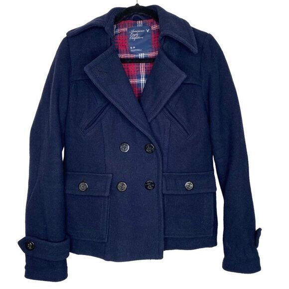 American Eagle Navy Pea Coat with Plaid Lining Warm cozy size Small - Picture 1 of 14